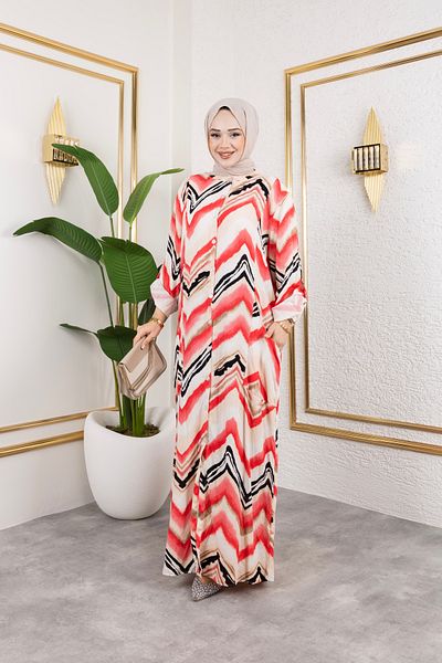 Sfg Life Moda Women's Patterned Woven Viscose Oversize Dress with High Collar and Buttoned Front Side Pocket Detail