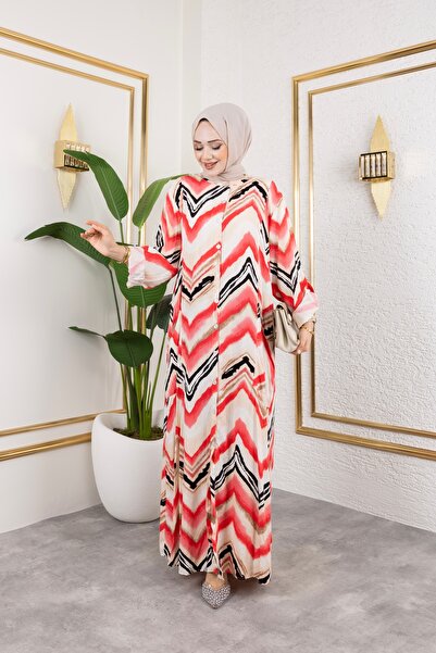 Sfg Life Moda Women's Patterned Woven Viscose Oversize Dress with High Collar and Buttoned Front Side Pocket Detail