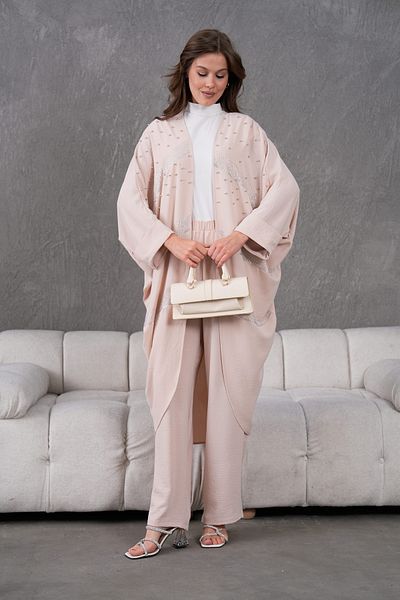 Miss Allos Women's Front Stone Embroidered Linen Kimono and Pant Bottom Top Set