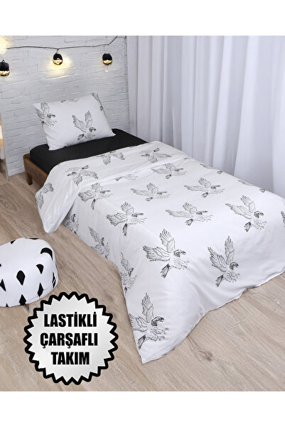 Sares Home Siyah Beyaz Kartalım Tek Kişilik Çarşafı Lastikli Nevresim Takımı Çarşafı Siyah