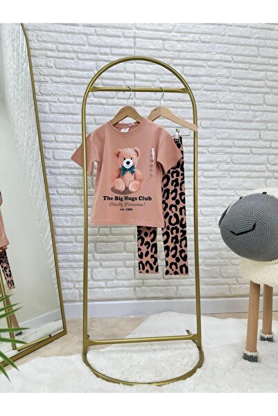 Magu Girl's Teddy Bear Printed T-Shirt and Leopard Patterned Leggings Set
