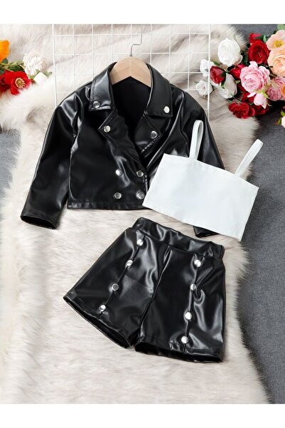 shop 2li Kız Çocuk Suni Deri Kombin Şort Ceket