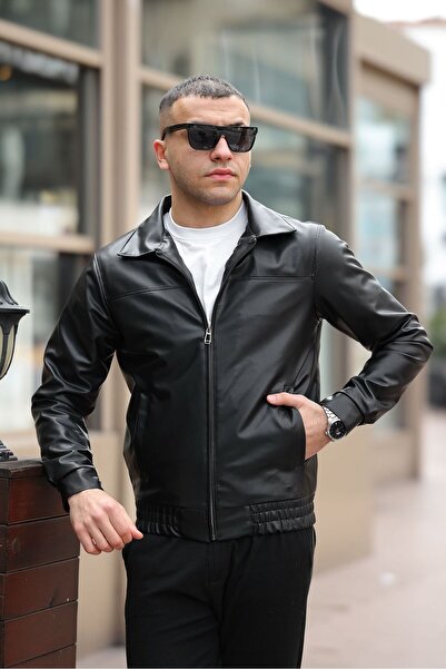 MODA Νέα σεζόν Ανδρικό δερμάτινο μπουφάν με ελαστικό κάτω μέρος σε μαύρο χρώμα