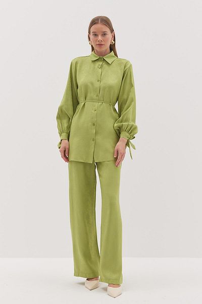 Fahhar Costum jacquard cu cravată verde avocado
