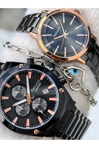 Ferrucci Brand Steel Cord,Black Color, Lover Couple Wristwatches Rosary Bracelet