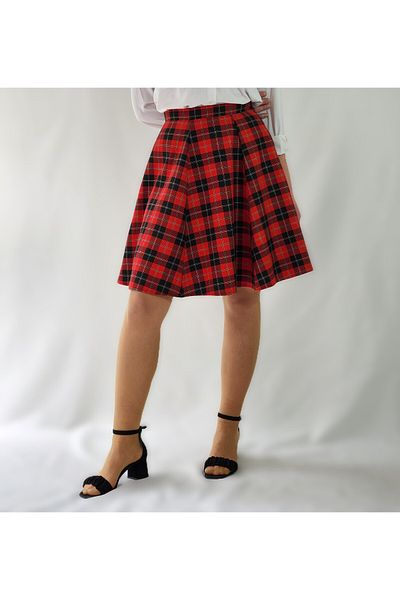 YAXİ Red Six Piece Woven Bell Skirt with Plaid Pattern