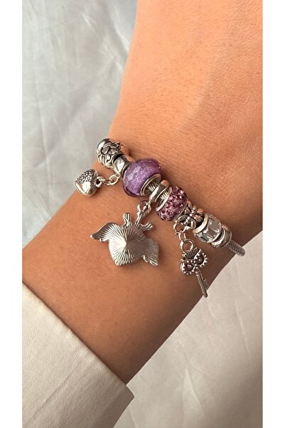 GM TAKI فضية اللون الأرجواني القلب سحر سوار الصلب