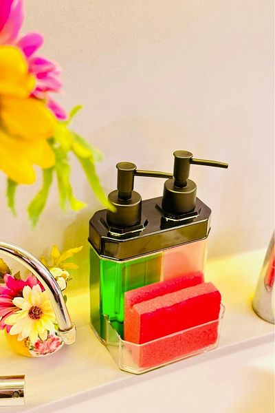 Makri Liquid Soap Dispenser with Sponge Holder, 2 Reservoirs, 350 ml + 350 Ml, Plastic, Domestic Production