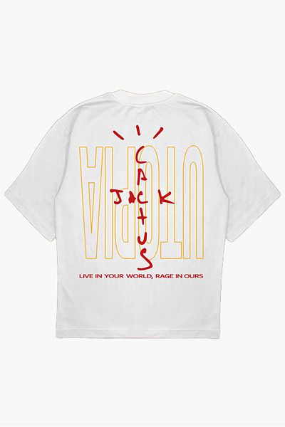 modaberry Tricou - Alb Imprimat Oversize, Maneca scurta, Utopia Cactus Jack, Decolteu de vara
