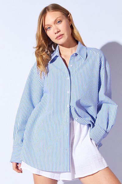 Manche Seersucker Striped Oversize Relaxed Fit Women's Shirt |   Saks Mks 1610021 -1