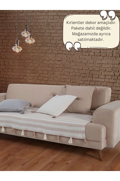 Lux Touch Liva Beige Sofa Cover - 115 x 200 cm, Pompom, Sofa Sofa Sofa Bed Armchair Cover, Shawl Tufted