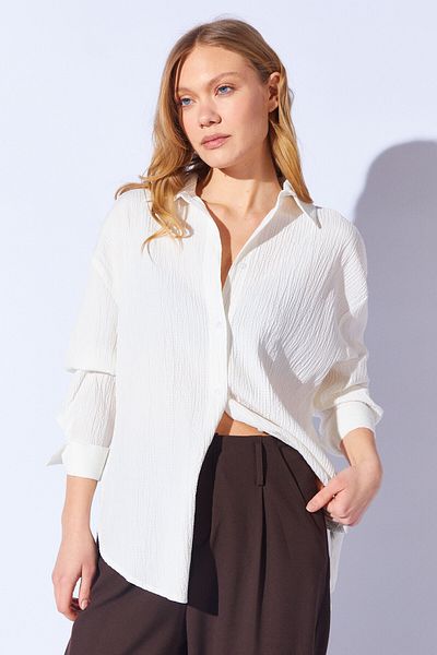 Manche Seersucker Oversize Relaxed Fit Women's Shirt |   White Mks 161103 -01