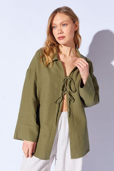 Manche Muslin Natural Cotton Tied Kimono Shirt |   Khaki Mks 161023 -01
