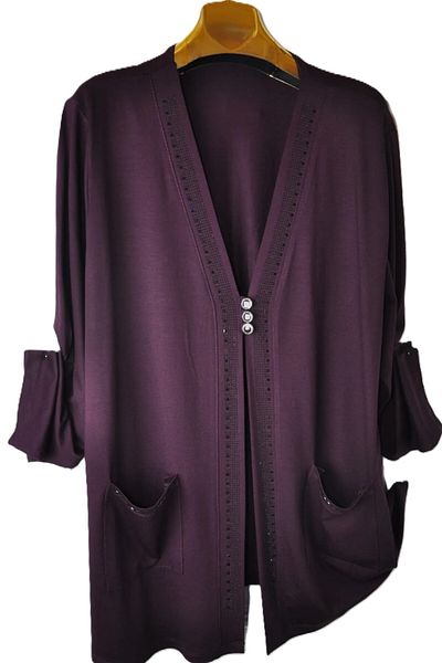 elma abone Large Size - Stone Detailed Combed Cotton Short Cardigan