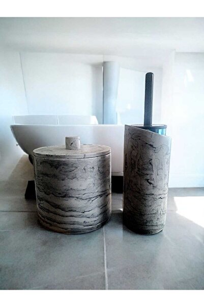Trust Stone Marble Patterned Anthracite Concrete Trash Can and Brush Holder Set, Accessory, Decoration