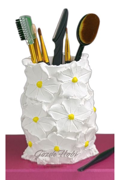 gözde hobi Gözdehobi Flower Patterned Stylish Decorative Makeup Table Organizer (Vase Pen Holder) - Yellow