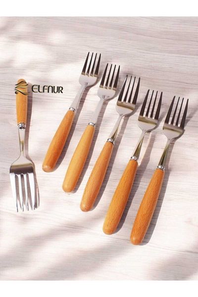 elfnur 6 Pieces Bamboo Handle Steel Dessert and Fruit Fork
