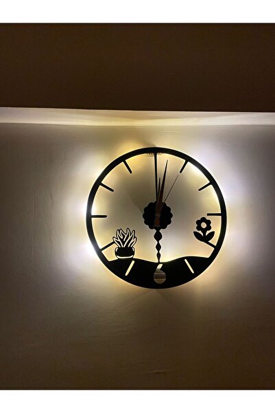 GünceDekor Led Işıklı Mutfak Duvar Saati Sessiz Dekoratif Modern Siyah Ahşap ...