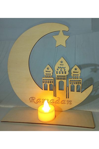 Generic ديكور احتفالات رمضان بلون الخشب الطبيعي، شمعة الكترونية خشبية، زينة رمضان