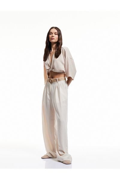 Koton Belt Detailed Pleated Pocket Wide Leg Trousers