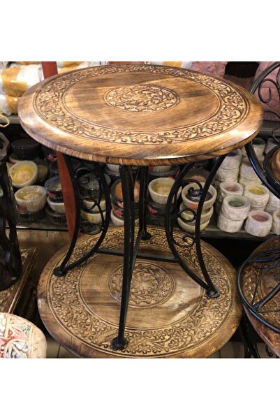 Otantik Çarşı Eskitme Ahşap Ferforje Yuvarlak  Sehpa 53x53x55 cm.