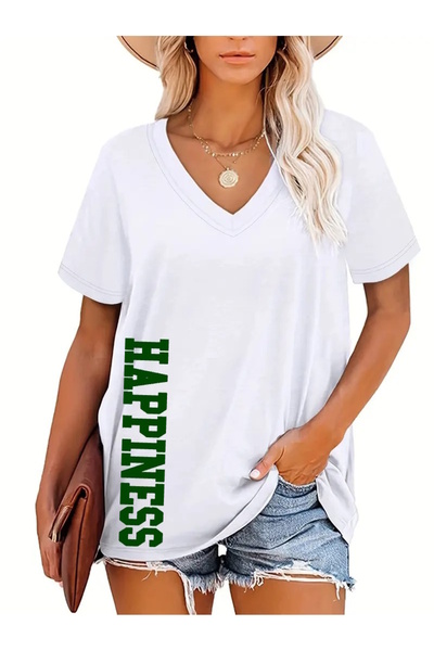 WOODROFFE Γυναικείο ασπρόμαυρο μπλουζάκι με λαιμόκοψη σε V λαιμόκοψη Happines...