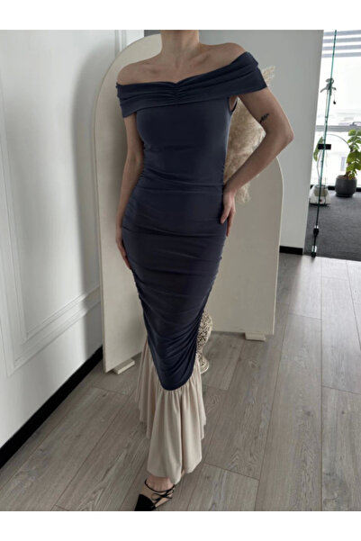 yonca aksesuar    Striped Shoulder Long Dress - Smoked