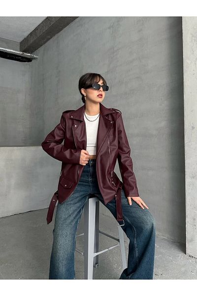 buqre's moda Jachetă lungă din piele de motociclist pentru femei oversize roșu Claret