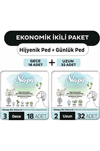 Sleepy Ekonomik Ikili Paket (Bio Natural Premium Plus Hijyenik Ped Gece 18'li...