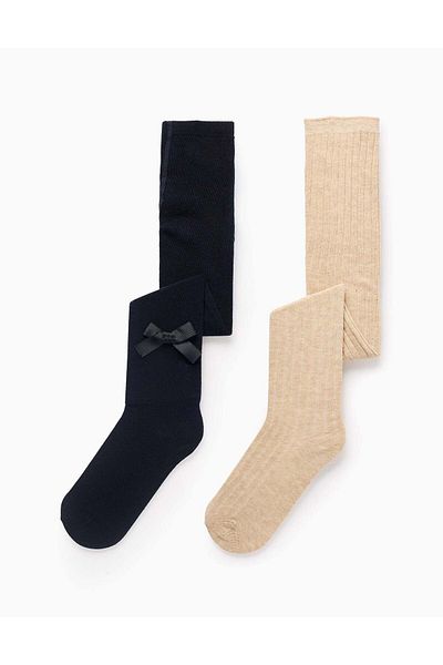 Ziddy Pack of 2 Tights Ribbed/with Bow for Girls, Beige/Dark Blue