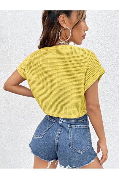 caddekombin Tricou galben pentru femei, cu mânecă liliac, oversize, din țesătură waffle