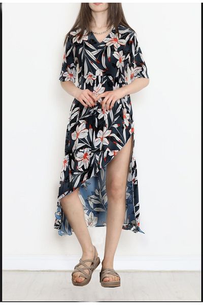 Cisa Design Rochie de damă cu imprimeu floral, cu nasturi și fante în față