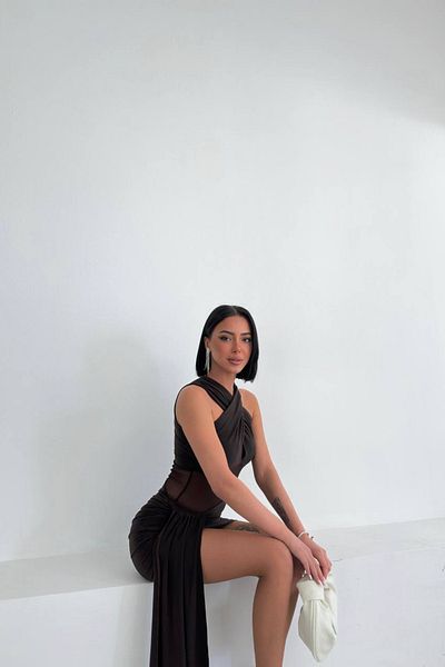 MOZENA Tulle Cross Strap Gathered Mini Dress