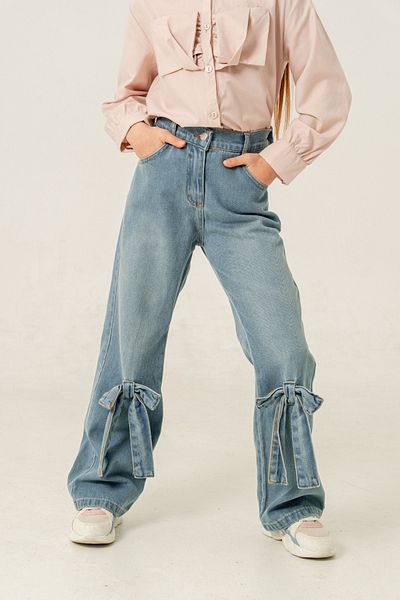 GİYİCEM TEKSTİL Pantaloni din denim pentru fetiță cu fundă la picioare