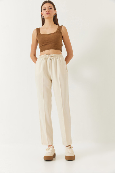 Bianco Lucci Women's Elastic Waist Tied Double Pocket Carrot Cut Trousers 80178 60271079