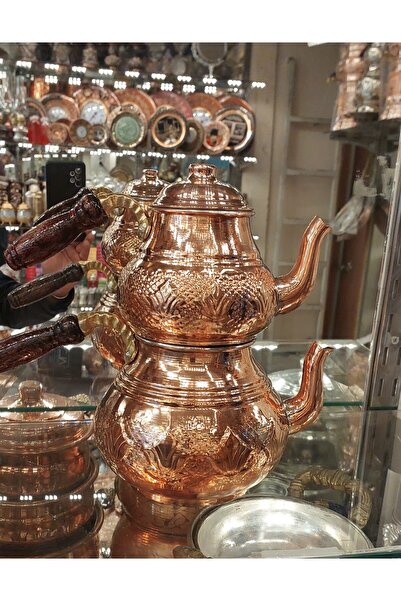 Bakır Center Bakır Çaydanlık Bakır Demlik Lale Çiçek Desenli El Yapımı Kalayl...