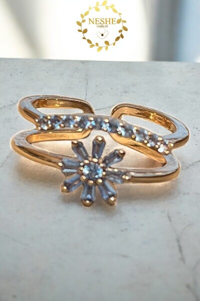 shesra Mavi Zirkon Taşlı Lotus Çiçeği Ayarlanabilir Gold Altın Renk Kaplama Ç...