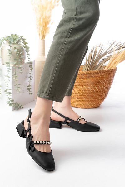 bashrol Open Back Square Toe Low Heel Pearl Black Satin Daily Comfortable Ballerina Women's Heeled Shoes