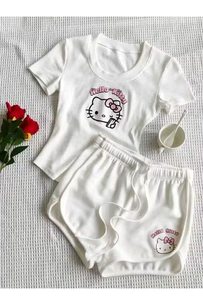 EDVESS Trend Hello Kıtty Shorts Set Summer Bottom Top Set Cute and Comfortable
