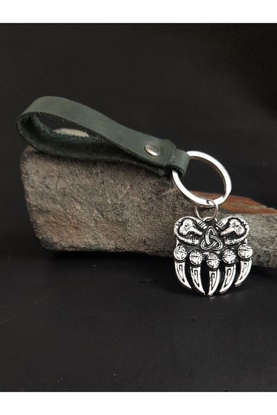 BSN Store Premium Khaki Green Real Leather Key Chain Accessory with Nordic Bear Claw Figure