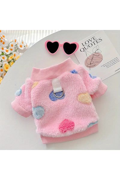 Lady Fify Pink/Turquoise Sweater with Flannel Fabric Leash Tie-Out Ring for Cat Dog