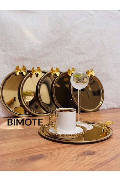 BİMOTE Set of 6 Stainless Steel 21.cm Round Tea, Coffee, Pastry Serving Tray Decorative Presentation Tray