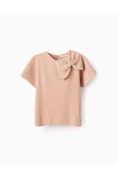 Ziddy Pleated T-shirt with Built-in Bow for Girls, Beige