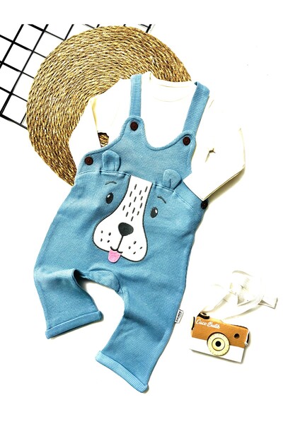 cacobutik erkek bebek köpek baskılı waffle kumaş salopet takım