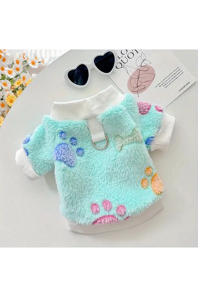 Lady Fify Pink/Turquoise Sweater with Flannel Fabric Leash Tie-Out Ring for Cat Dog