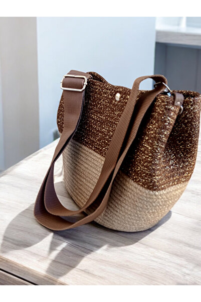 Butik Gold Sim Detaylı Hasır / Kahverengi Çapraz Çanta