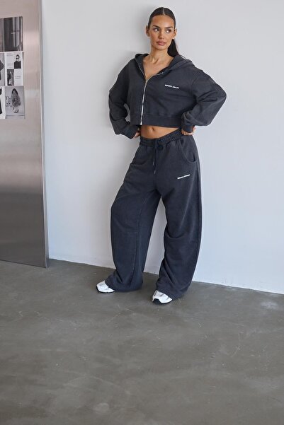 South Coast Siyah Soluk Efektli Crop Hoodie Ve Sweatpants Takım