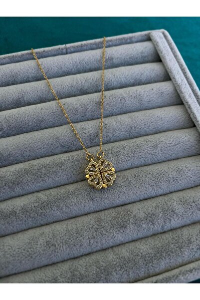 ulaşaksesuar Çelik Altın Renk Mıknatıslı Açılıp Birleşen Zirkon Taşlı Kalp Yo...