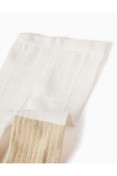 Ziddy Ribbed Tights with Lurex Threads for Girls, White/Gold
