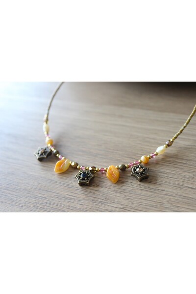 dela otantik El Yapımı Zarif Boncuklu Taşlı Otantik Kolye – Yıldız Yaprak Detaylı Bohem Vintage Tarz Osmanlı Takı